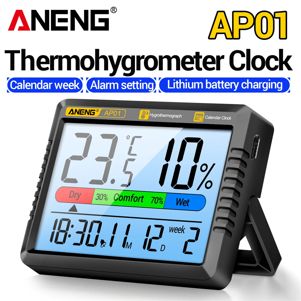 

ANENG AP01 Digital Thermohygroneter Clock High Definition Screen Rechargeable Air Thermometer Hygrometer Multiscene Measurement