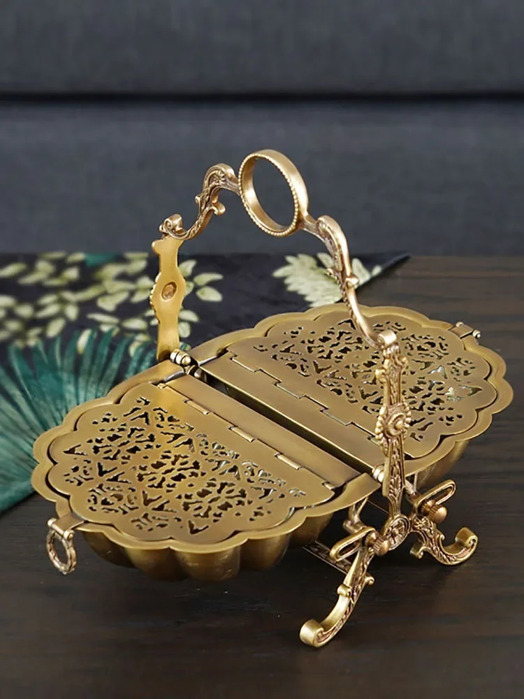 European American Imported Brass Hollow Foldable Dried Fruit Basket Luxury Coffee Table Candy Storage Tray Creative Ornaments