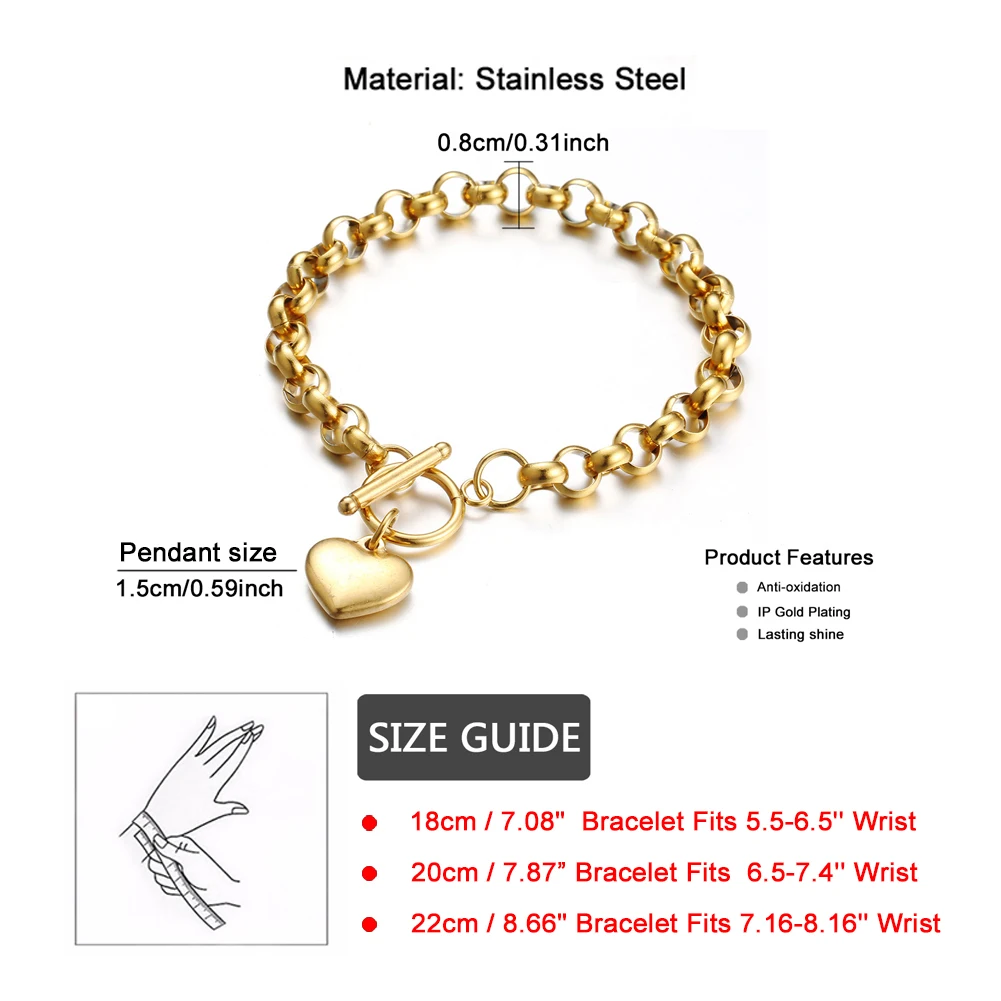 Vintage Stainless Steel Keel Chain Puff Heart Charms Bracelet For Woman Toggle Bracelets Jewelry