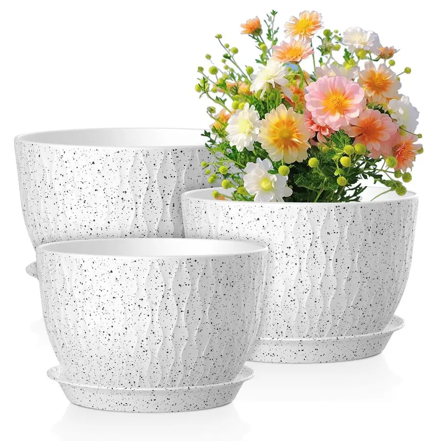 

12 10 9 inch Large Flower Pots, 3 Set Big Plant Pots for Outdoor Indoor Plants with Water Ripples, Wide Plastic Planters with Dr