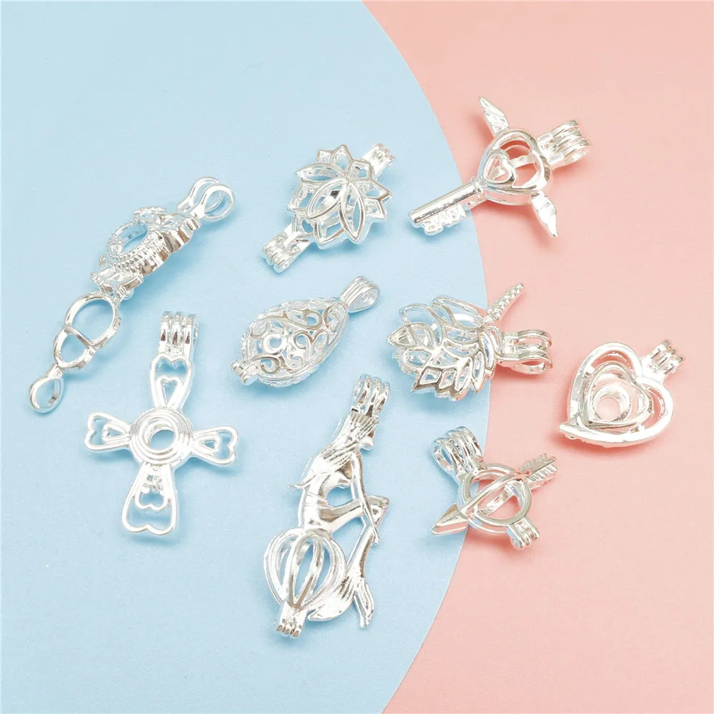 9pcs/Lot Mixed Pearl Cage Color Pendants Aromatherapy Mermaid Essential Oil Diffuser Necklace Locket For DIY Jewelry