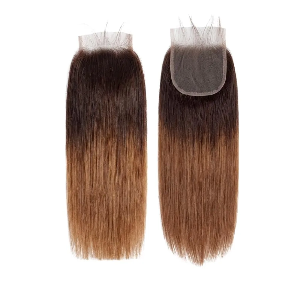 4x4 Lace Closure Straight Brazilian Human Hair Free Part Silky Straight Lace Closure T4/30 Brown