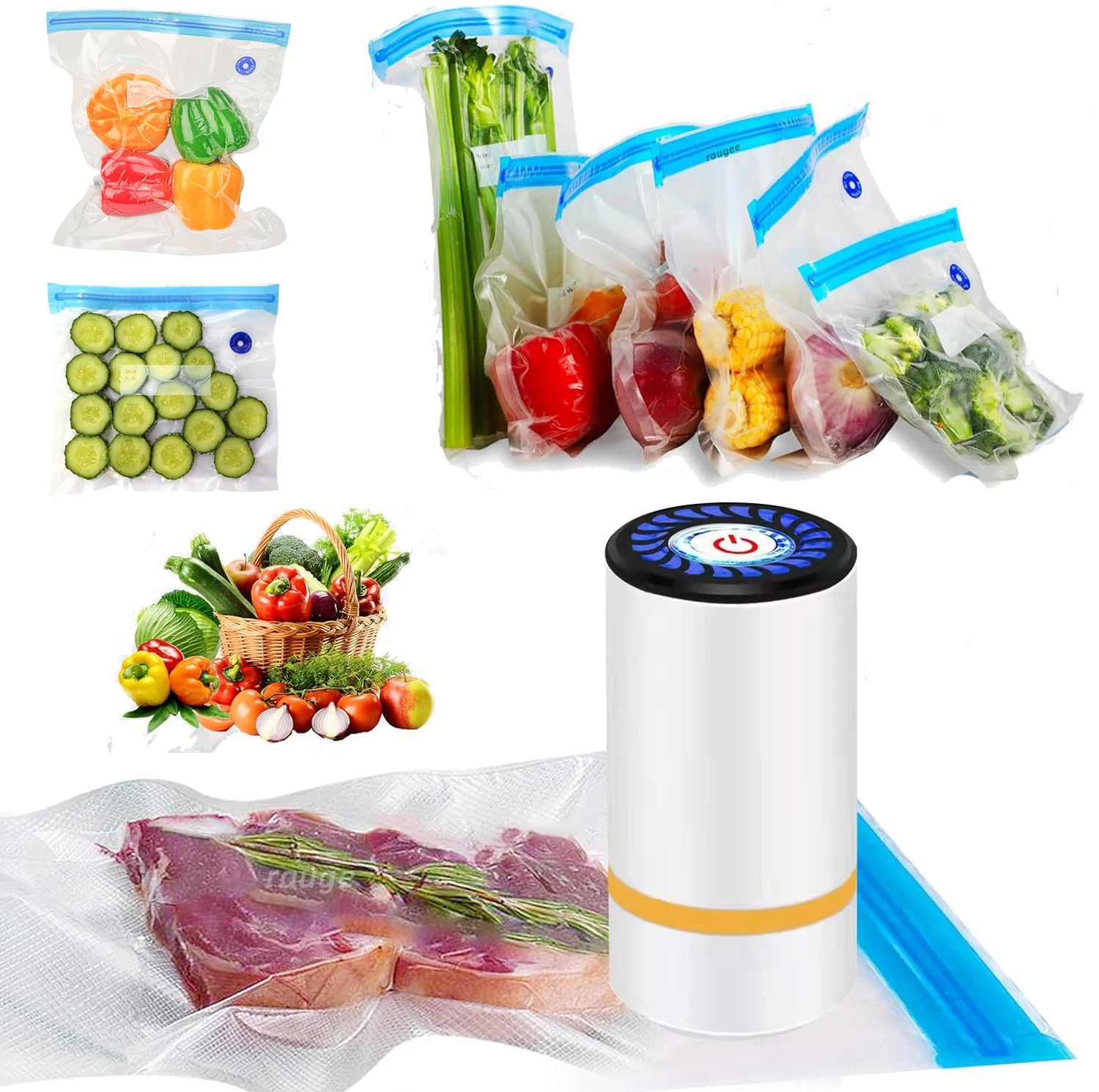 식품 진공 밀봉기 펌프 USB 충전식 식품 신선도 유지 자동 진공 밀봉기 펌프 재사용 가능한 지퍼 진공 백 포함