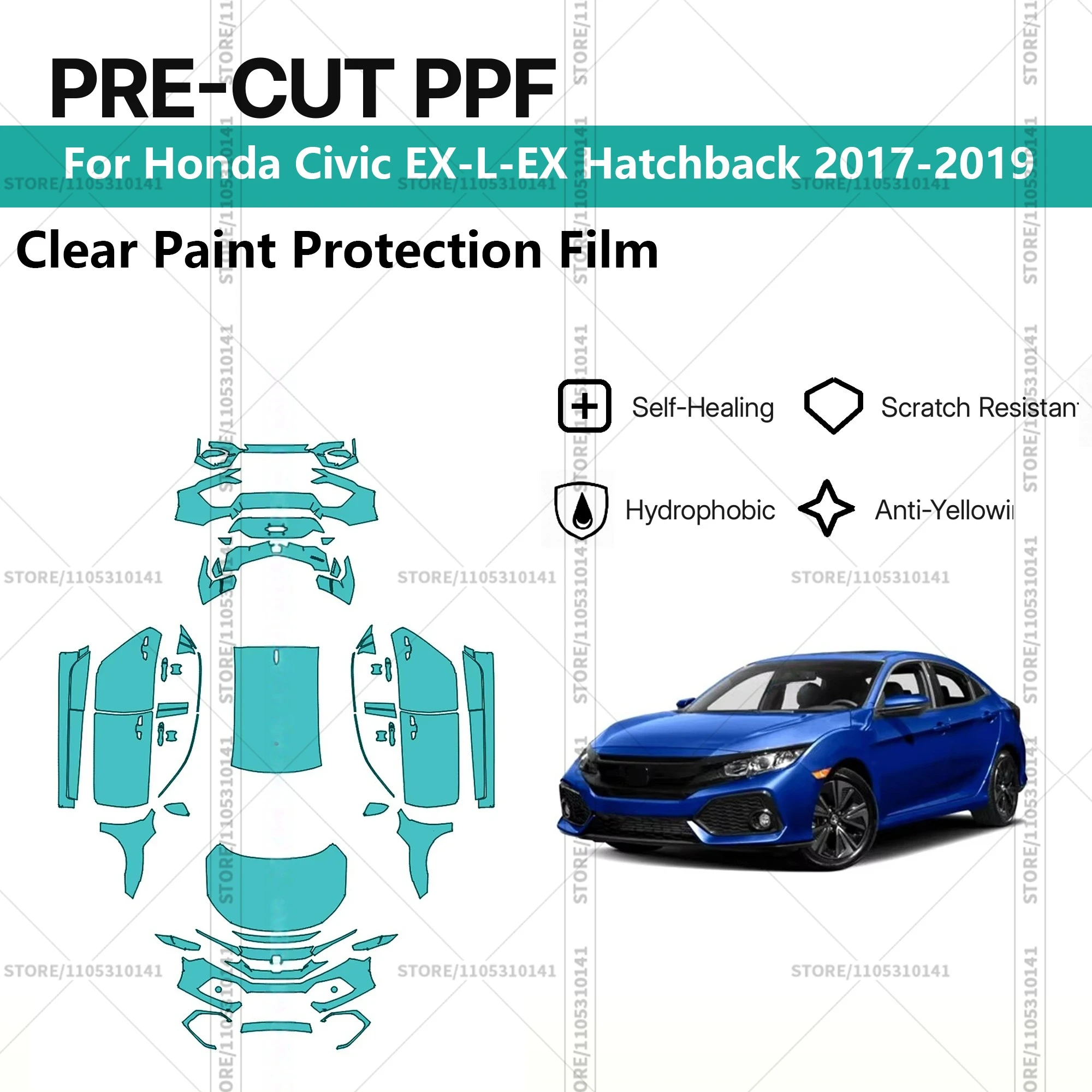 

Предварительно нарезанная защитная пленка PPF, прозрачная автомобильная пленка, профессиональная автомобильная пленка PPF для Honda Civic EX-L-EX Hatchback 2017-2019