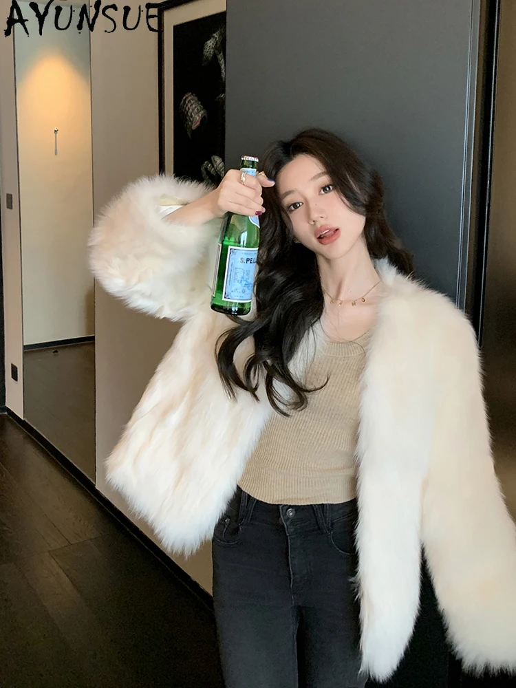 AYUNSUE 2025 ใหม่ฟ็อกซ์ขนสัตว์เสื้อแจ็คเก็ตผู้หญิงกลางความยาวแฟชั่นขนสัตว์จริงแจ็คเก็ตเสื้อผ้าผู้หญิงหรูหราOuterwears Abrigo Mujer