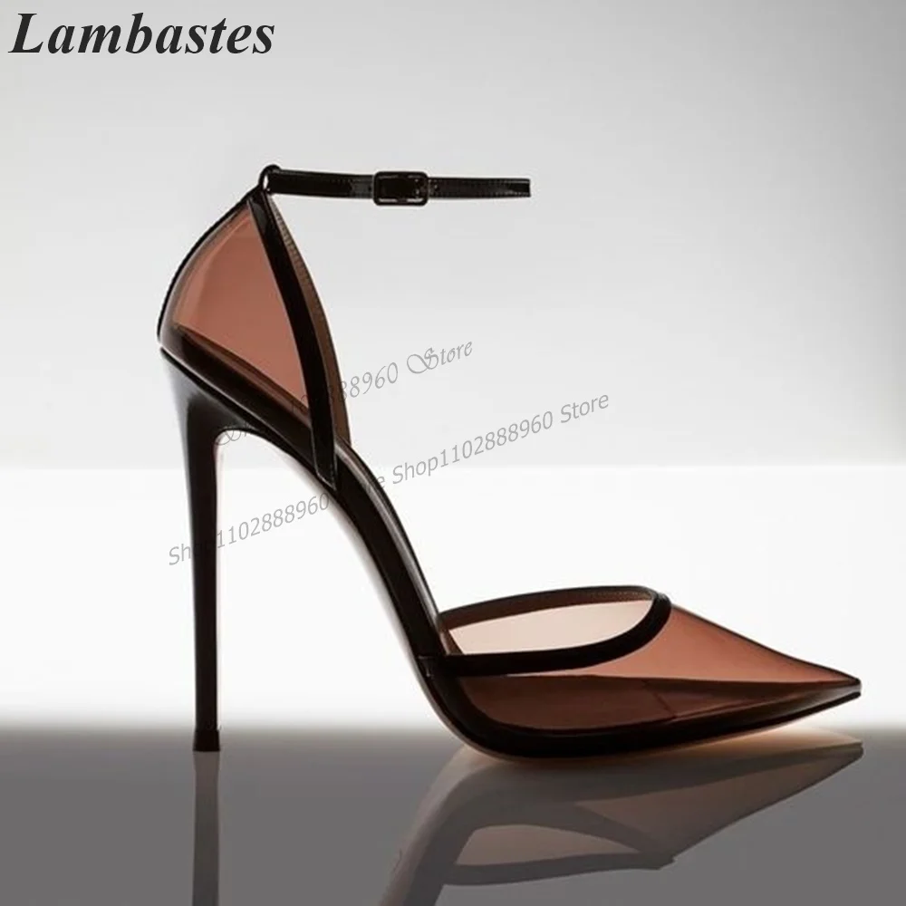 Graceful Style Brown PVC Sandals Cover Heel Stilettos High Heel Women Shoes Ankle Buckle Strap 2023 Fashionable Zapatillas Mujer