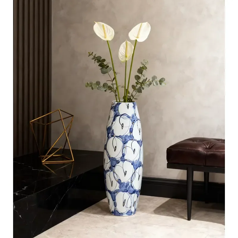 Tall Blue and White Ceramic Floor Vase with Abstract Circular Design Large Decorative Vase for Hallways and Luxurious