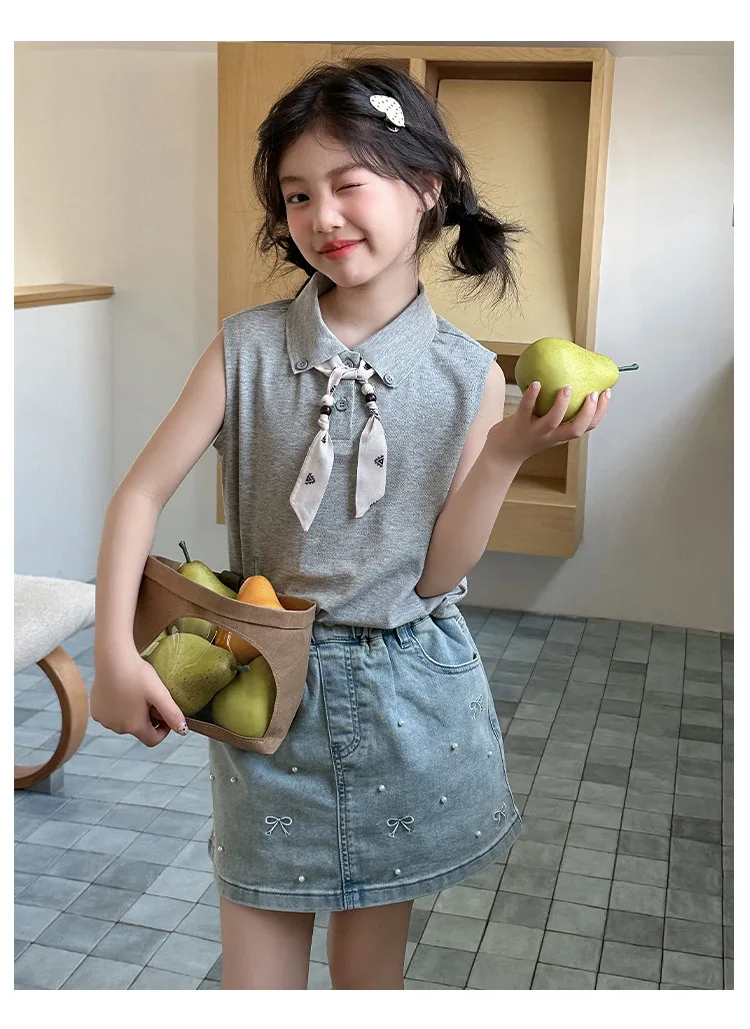 

Новые подростковые костюмы 2026 года, милые комплекты из 2 предметов для девочек, футболка + джинсовая юбка, размеры 5-12 лет