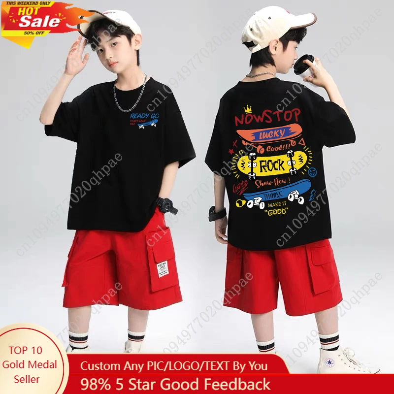 Детские топы с узором для скейтборда, летние футболки с короткими рукавами для мальчиков и девочек