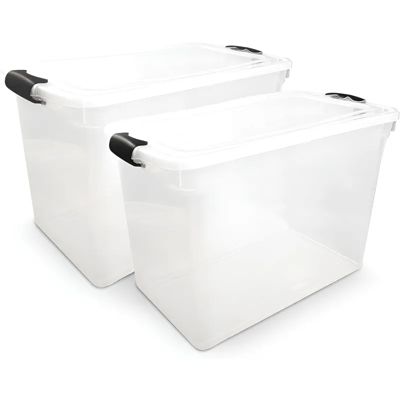 2-Pack Latching Lid, Large Clear Plastic Storage Bins w/ Lids, 112 Quart, Gray Latch