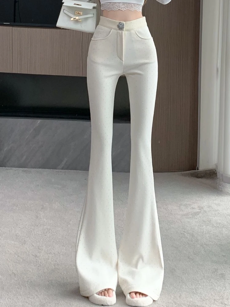 flared suit pants for women autumn winter thick velvet flared pants designed rhinestone casual floor length pants 2025 New