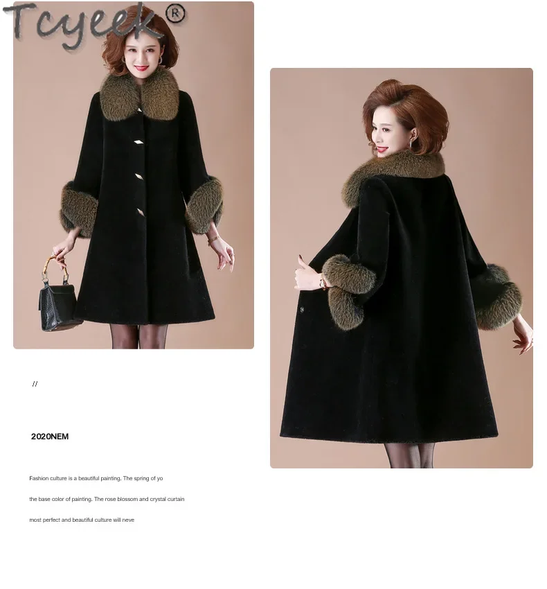 Tcyeek 100% Cappotto di Lana Donna Cappotti di Pecora Shearling Caldo Collo di Pelliccia di Volpe Abiti Invernali Giacca di Pelliccia da Donna Soprabito Пblogто Ж erotismoе