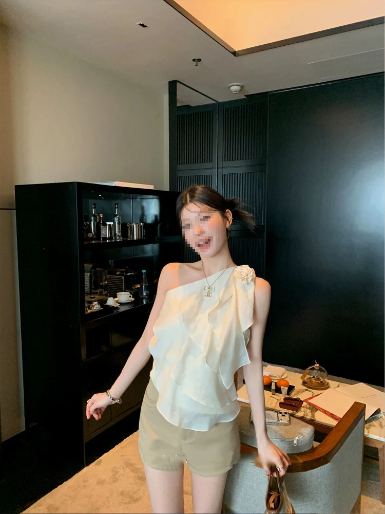 Soft Light  Rayon Linen Multi-Layer Lotus  Single Oblique Shoulder Flower Top Small Shirt Commute Style Loose Fit