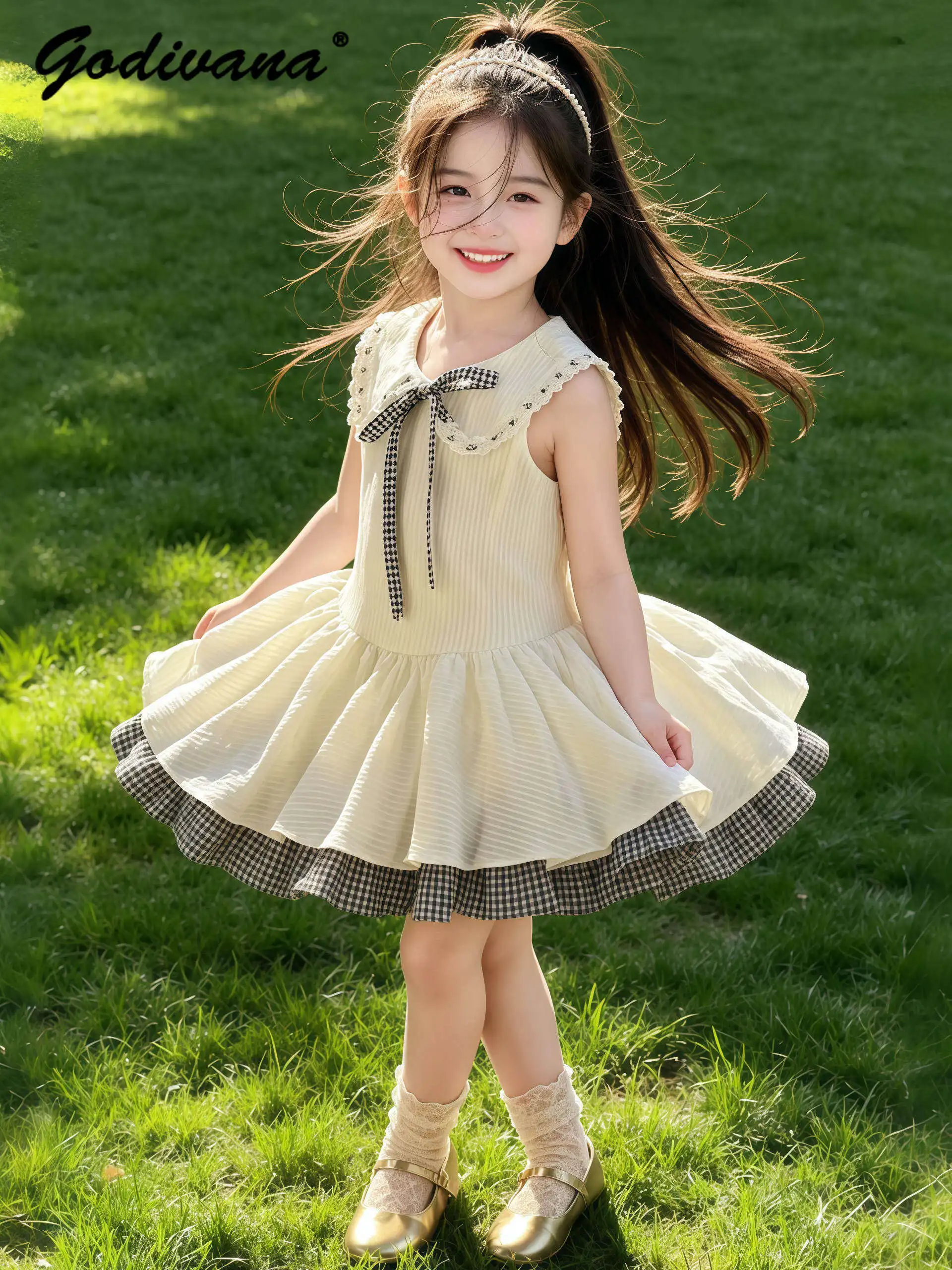 

Sweet and Cute Little Girls Sleeveless Princess Dress Kids 2026 New Summer Peter Pan Collar Lace Trim Bow Plaid Patchwork Dress