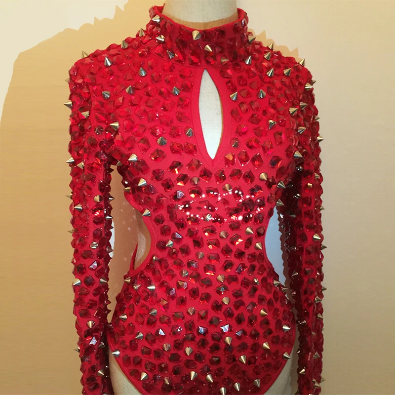 Red Rhinestones Bodysuit Sexy Hollow Out Rivet Jumpsuit Singer Stage Costume Gogo Dance Clothing Dj Ds Rave Outfit VDB7113