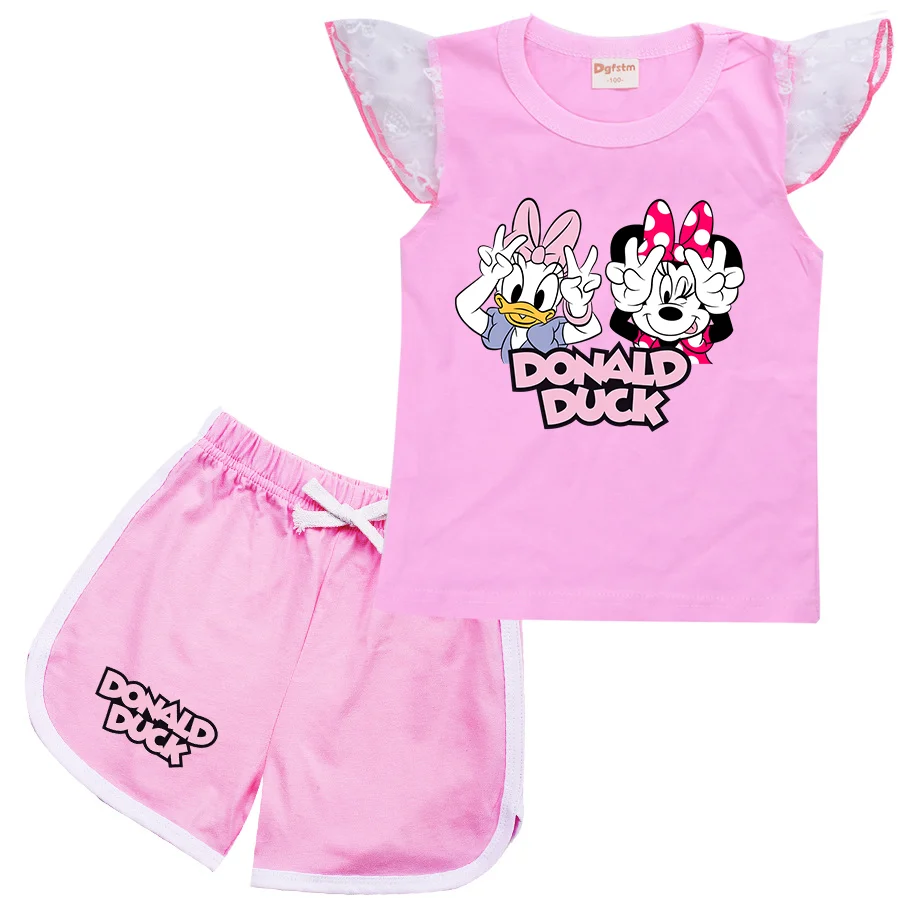 Fashion Summer Girls Baby Clothing Cute Donald Duck Daisy Set Short Sleeve Children Casual Cartoon Print Tops+Shorts Set