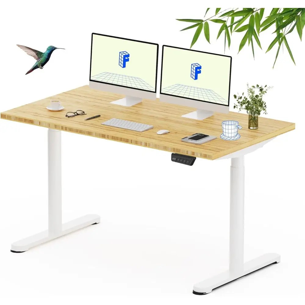 

Electric Height Adjustable Solid Wood Desk, Bamboo Top, White Oval Legs, 55x28