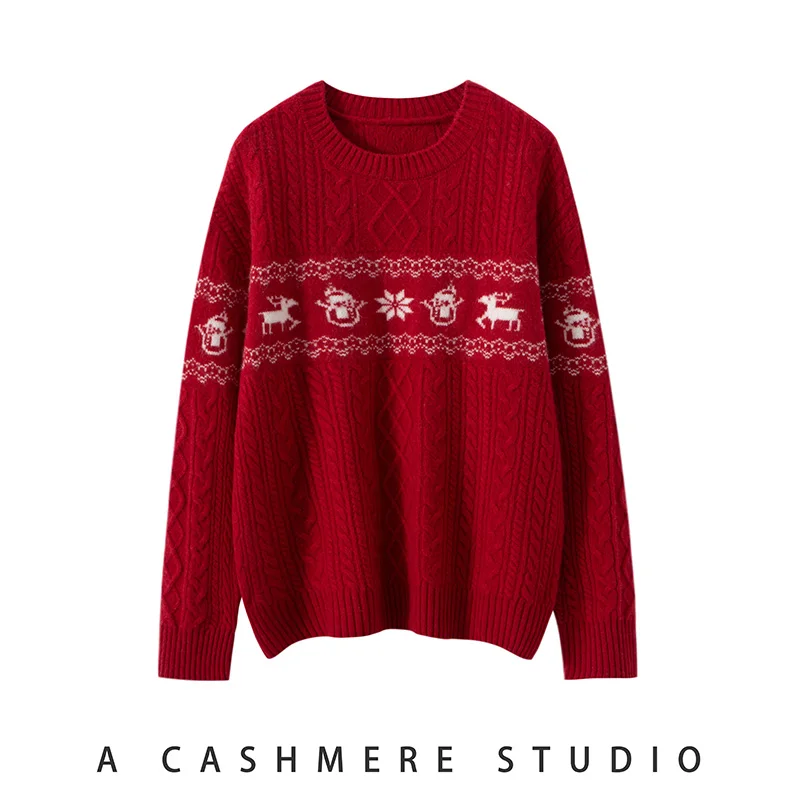 

2025 Women's Casual Stylish Warm 100% Cashmere Thickened Deer Pattern Crew Neck Pullover Sweater Autumn Winter Knitwear Clothing
