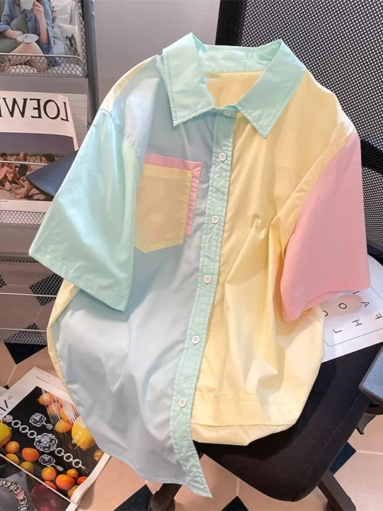 

Hikigawa Chic Fashion Women Vintage Contrast Color Patchwork Short Sleeve Shirts Summer Casual All Match Blouse Tosp Mujer