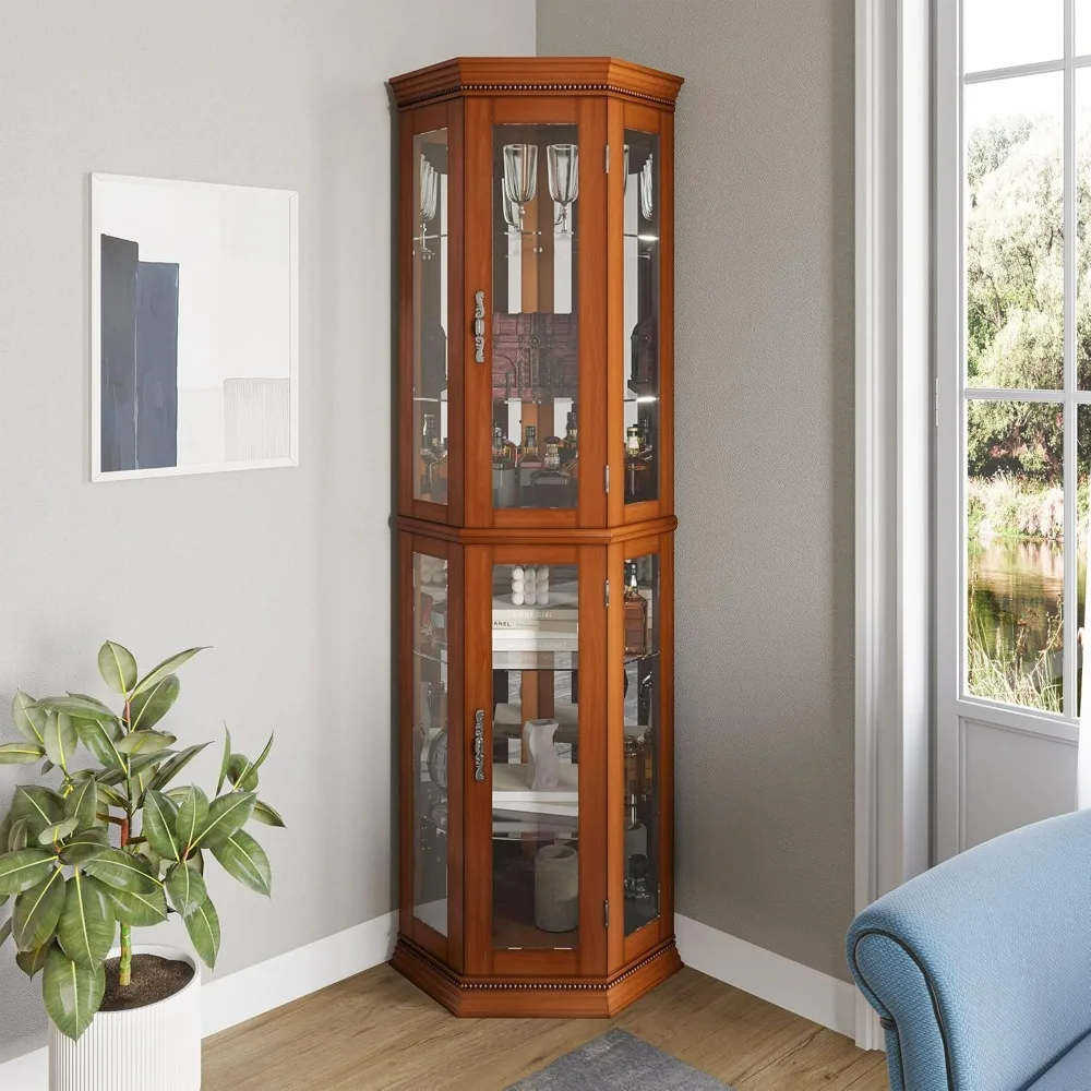 Lighted 3-Side Glass Display Curio Cabinet W/Tempered Glass Doors and Shelves, Accent Wooden Corner Cabinet with Bulb