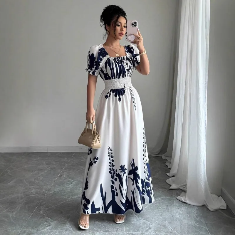 

2025 Summer New Bubble Sleeve High Waist Folding Waist Printed Women's Large Swing Strap Dress