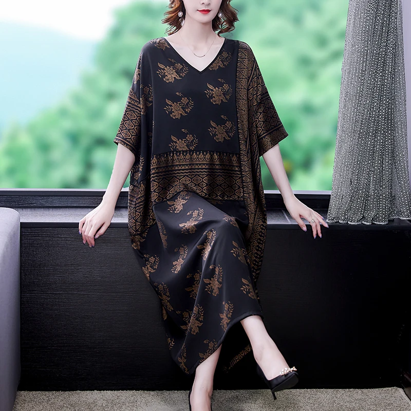 

Women Floral Mulberry Silk 5XL Plus Size Midi Dress Summer Korean Vintage Casual Dresses 2024 New Elegant Loose Party Vestidos