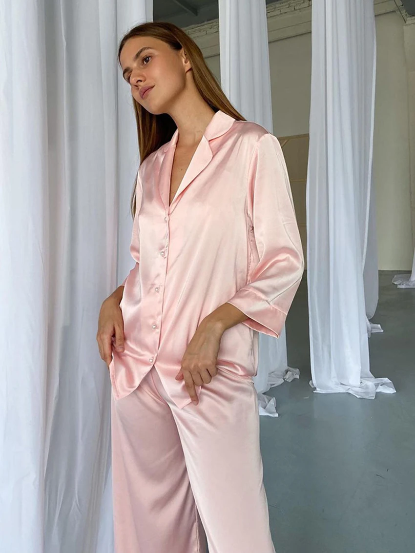 Marthaqiqi Pink Ladies Pajamas Set Sexy Turn-Down Collar Sleepwear Long Sleeve Nightwear Pants 2023 New Loose Femme Home Clothes