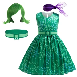 Movie Cartoon Disgust Role-Play Cosplay Costume Kids Girls Floral Dress+Belt+Scarf 3PCS Suits Outfit Clothes Birthday Halloween