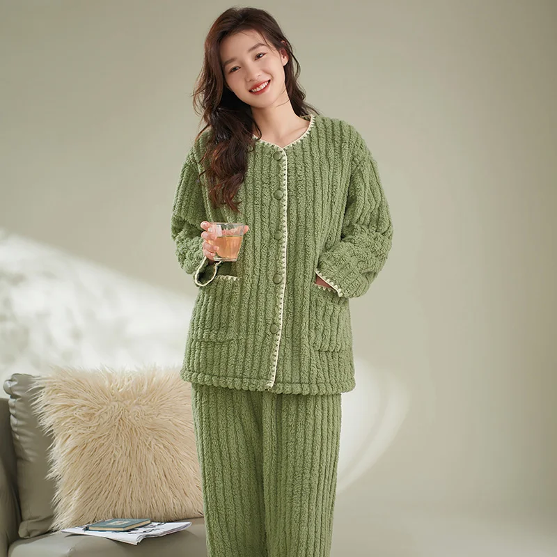 

Women's Winter Flannel Pajamas Set Coral Fleece Button Cardigan Sleepwear Homewear Thick Warm Velvet Female Suit Fall Sweatshirt
