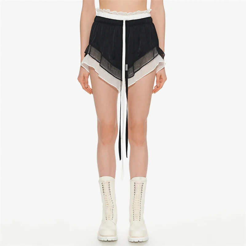 

Women's shorts 2025 summer New lace patchwork mini pants Drawstring slim fit ultra short pants Double layer fabric y2k shorts