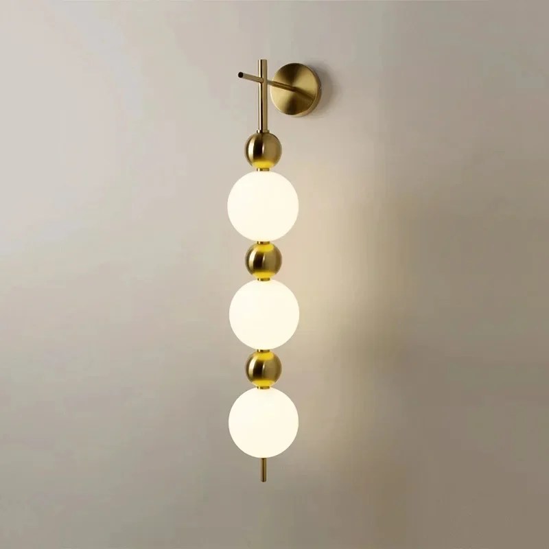 Modern Vertical Long Wall 3 Milky Glass Globe Golden Ball Linear LED Wall Lamp for Bedroom Villa Corridor Decor