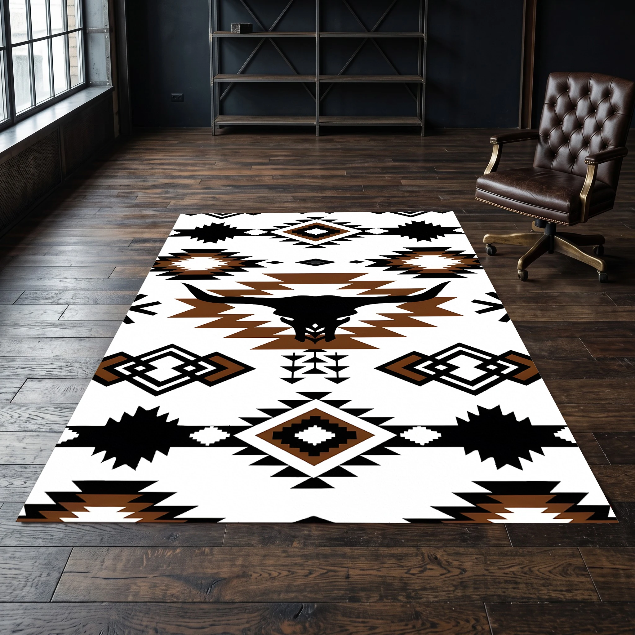 2D Carpet with Aztec Geometric Bull Head Pattern in Retro Ethnic Style for Living Room and Bedroom