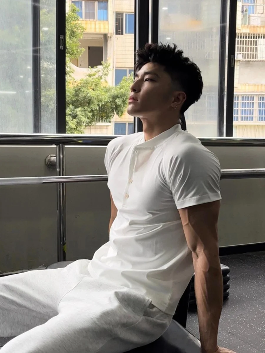 

White Slim Fit irt ort Sve Fitn T-irt f Sve Henry Sle Summer Youth Faion Cotton Polyester Blend