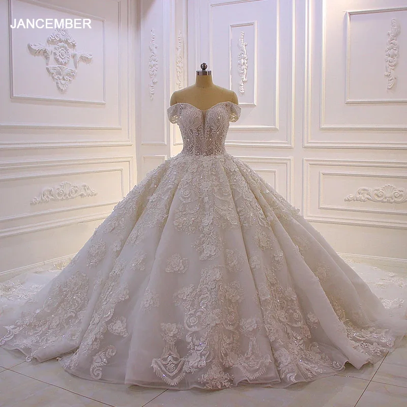 

Jancember White Ball Gown Princess Wedding Dresses 2024 Sweetheart Short Sleeves Vestido De Novia Lace Sequined Luxury SS006