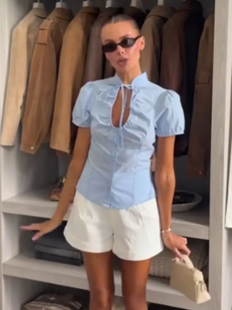 

2026 Women Fashion Solid Short-Sleeved Casual Blouse Female Summer Sexy V-neck Bow Design Elegant Tops