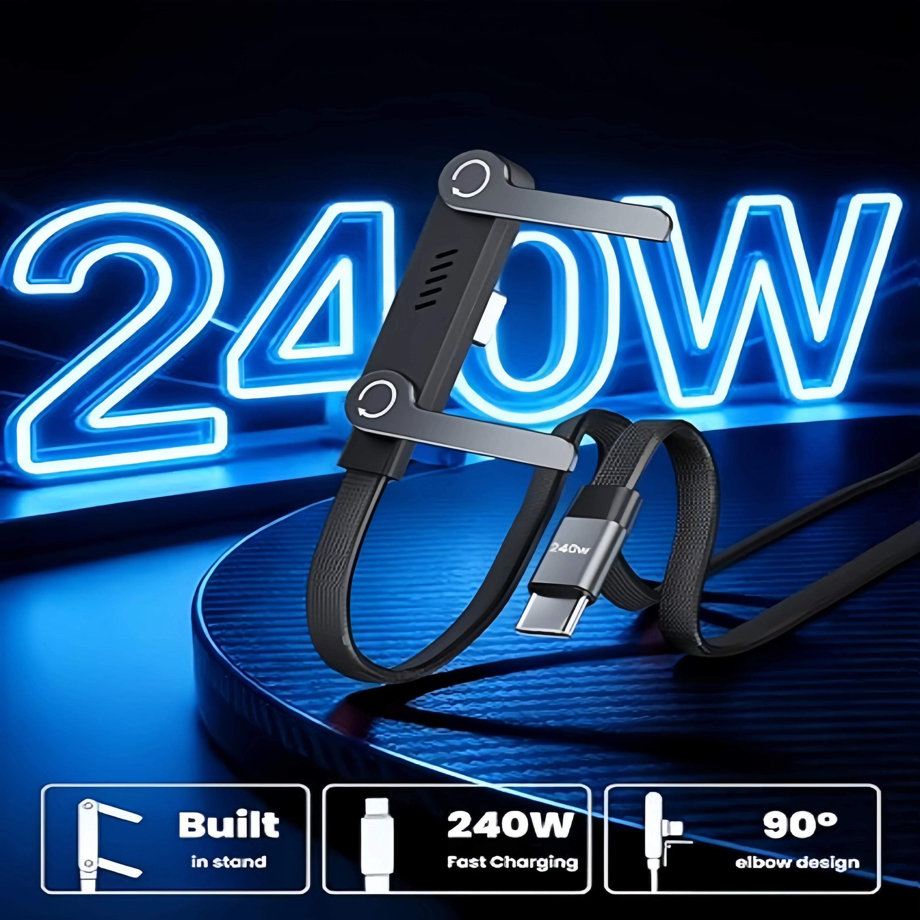 Kubie 240W Bracket Data Cable, Fast Charging, Compatible with iPhone, Foldable Mobile for Huawei OnePlus Game Elbow Charging Cab