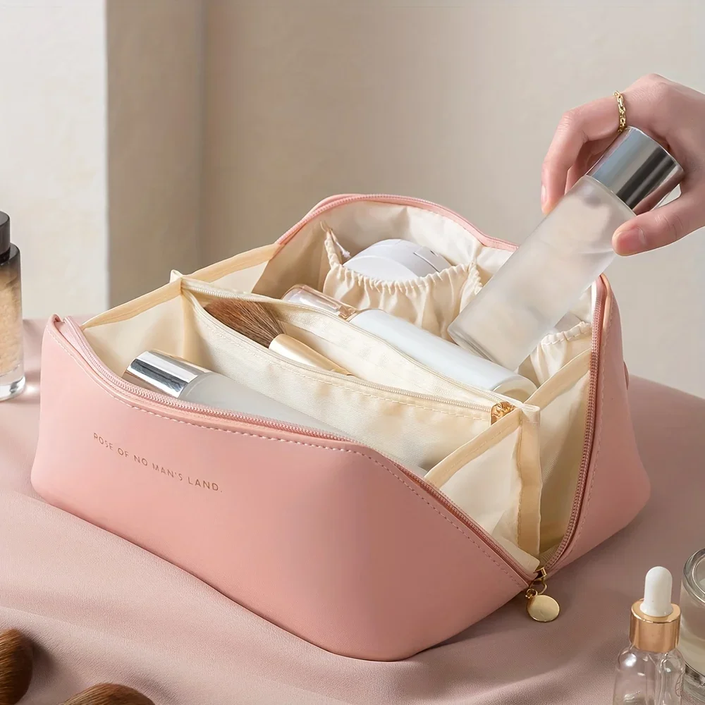 1PC Large Capacity Waterproof Makeup Zipper Pouch Portable Toiletry Wash Bag with Divider Handle and Organizer Function