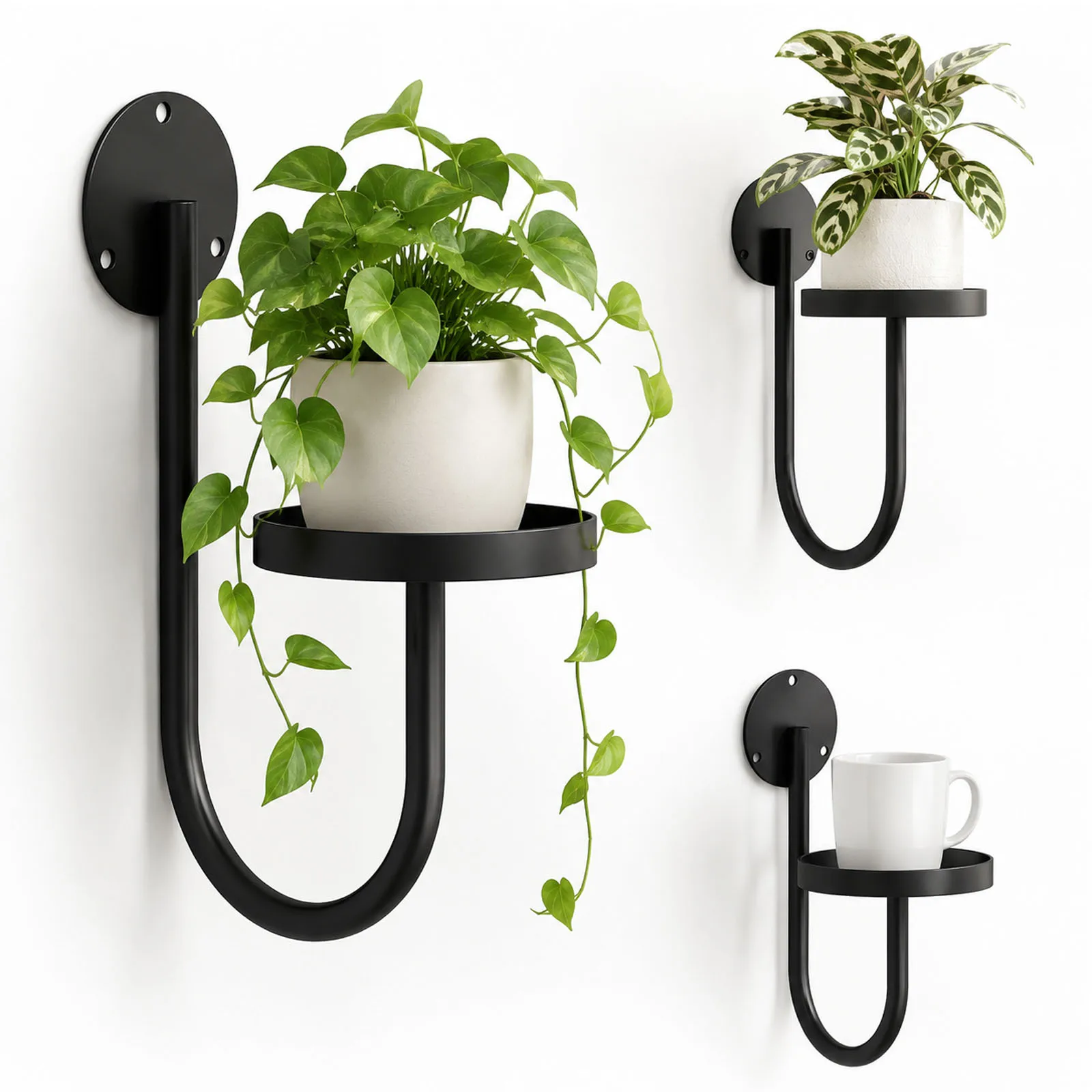 Black Metal Wall Mounted Plant Stand U‑ShapeFlower Pot Holder Wall Hanging Plant Shelf Bracket for Indoor Outdoor Home Garden