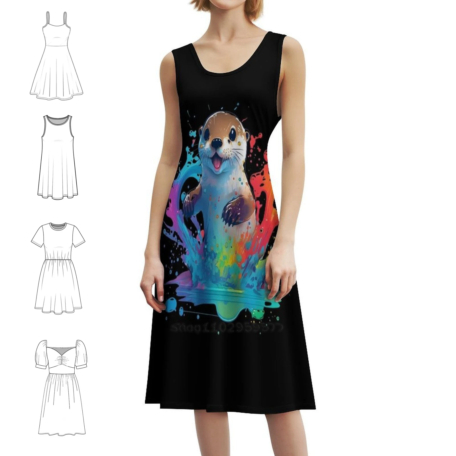 فستان بوهيمي بدون أكمام مطبوع عليه قضاعة سعيدة للنساء، فساتين حفلات الشاطئ المطبوعة، لعبة قضاعة سعيدة مع