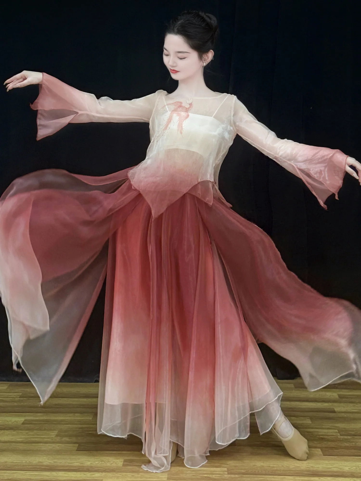 New Classical Dance Costume Women's New Chinese Style Drifting Gradient Tulle Clothes Fairy Dance Long Sleeve Performance Outfit