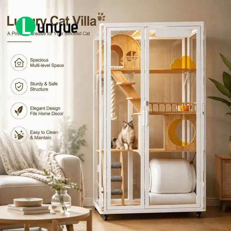 Luxury Vertical Cat Villa with Built-in Scratching Board Rope Square Cat House Fence Double Sliding Door for Indoor Pets