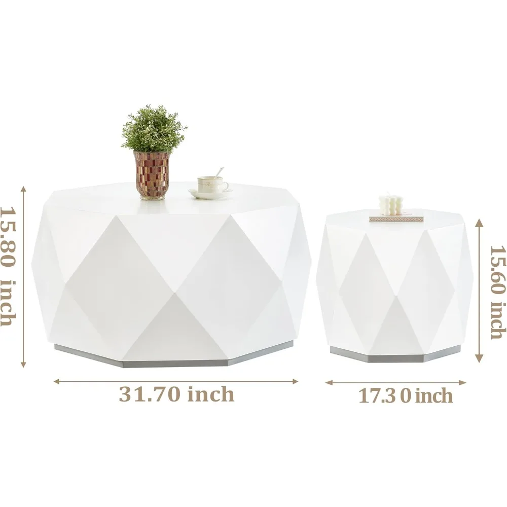32" White Wood Diamond-Shaped Coffee Table Set for Living Room, Modern Wooden End Table with Spacious Tabletop, Octagon Coffee T