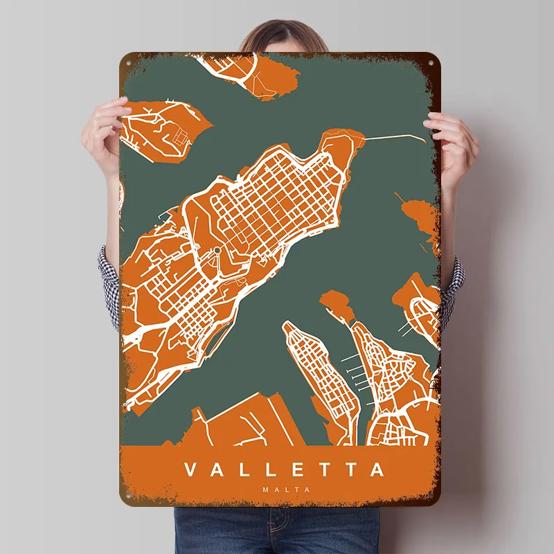 Valletta City Map Malta Poster Customized Vintage Metal Signs Wall Art Retro Tin Plaque for Room Decoration Office Decor House
