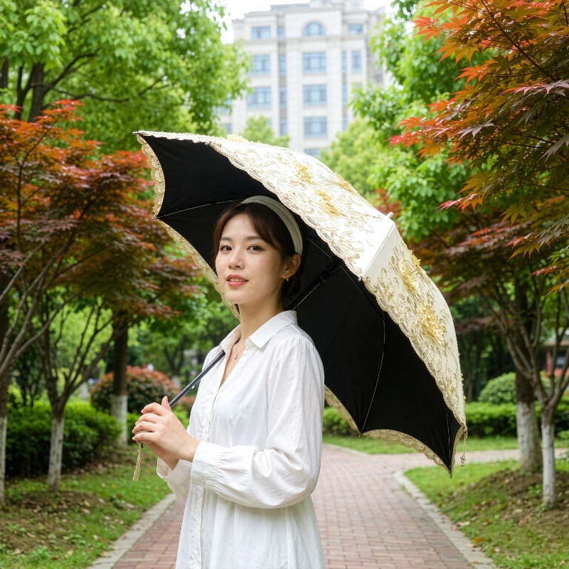 Retro Lace Black Coated Parasol Double Tier UV Blocking 2-Way Folding Sun Rain Princess Shade for Women Vintage Use 레이스 양산