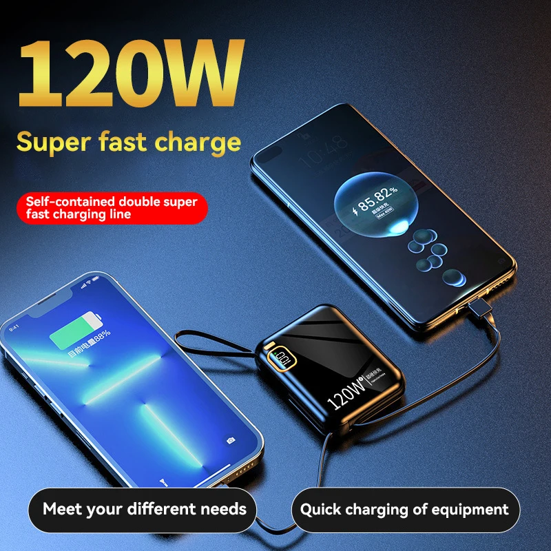 Power Bank Portabel 50000mAh PD 120W Kapasitas Tinggi Kabel Pengisian Cepat Dua Arah Mini Powerbank Untuk IPhone Samsung Xiaomi 2025