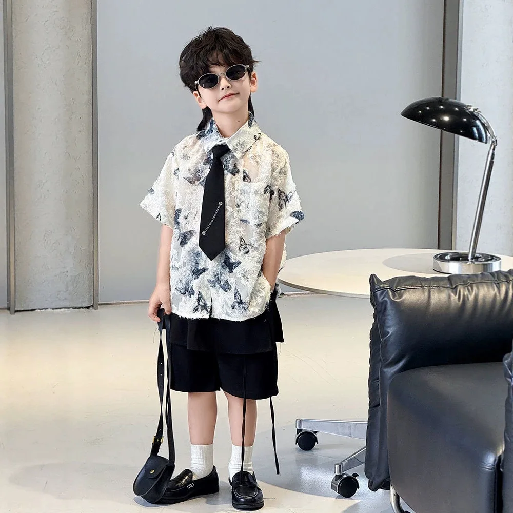 Boys Butterfly Print Textured Shirt Shorts Set with Tie Kids Streetwear Summer Outfit for Party Photoshoot Casual Daily Wear 8 Y