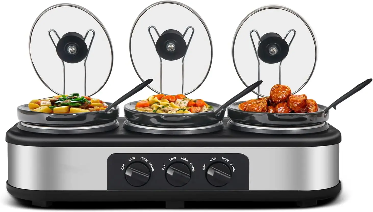 

Triple Slow Cooker with Lid Rests, Breakfast Buffet Servers and Warmers with 3 X 1.5Qt, Tempered glass lids & 3 Adjustable Temp,