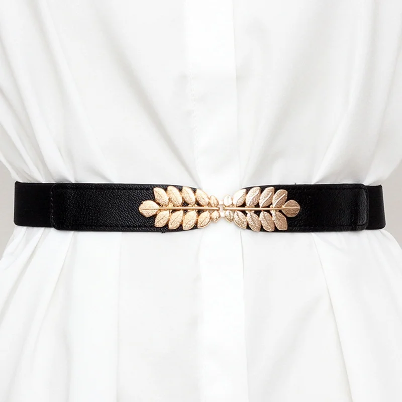 Cintura feminina minimalista cincher elástico folha-design cinto com fecho de botão elegante acessório de emagrecimento para vestidos roupas
