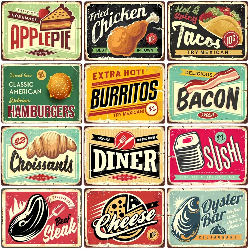 Pollo frito, pastel, queso, carne de res, letrero de estaño de Metal, placa Vintage, pintura de hierro, Pin Up, decoración de pared para restaurante y cocina