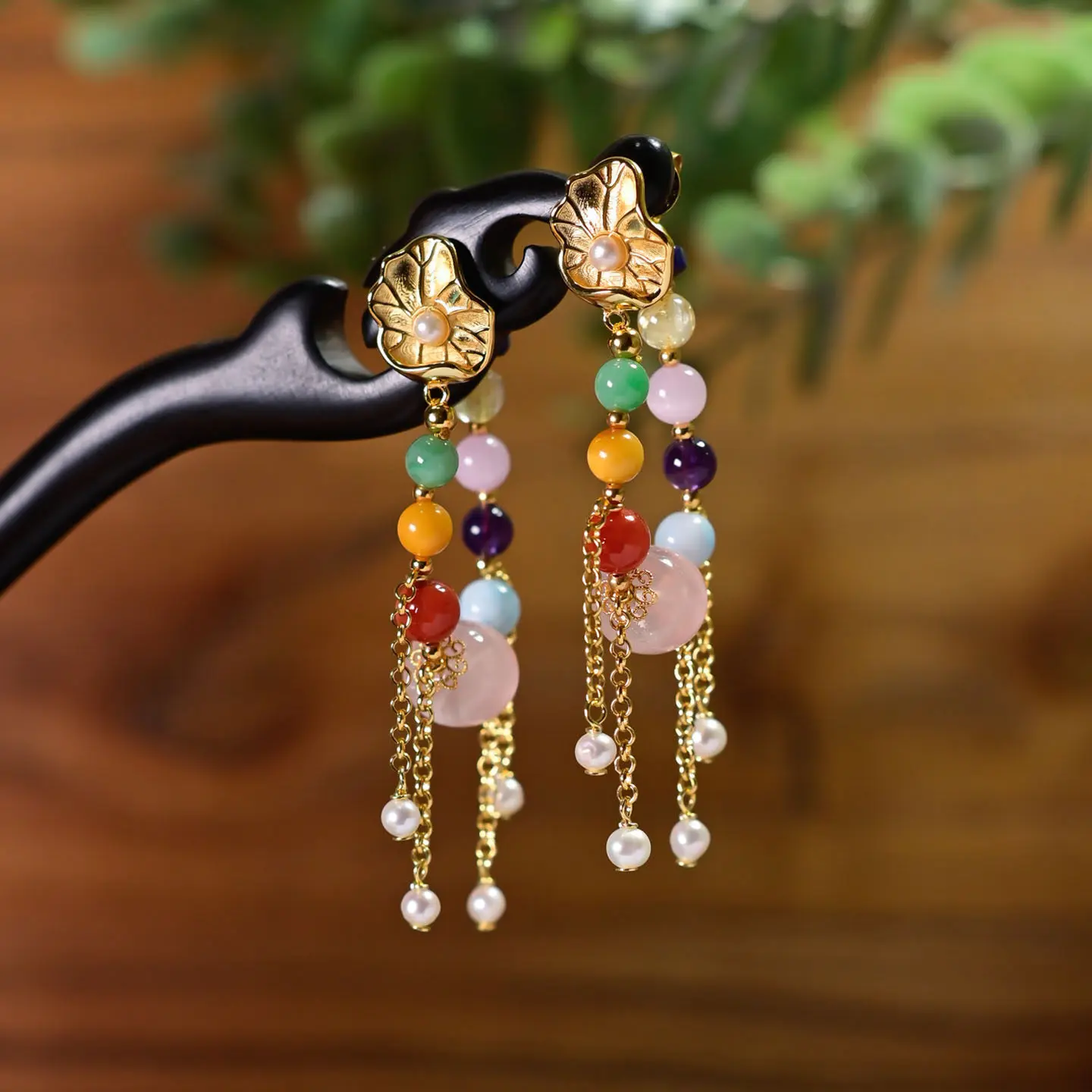 Natural Grade A Jadeite Multi-Gemstone Tassel Earrings Vintage Chinese Style with S925 Silver